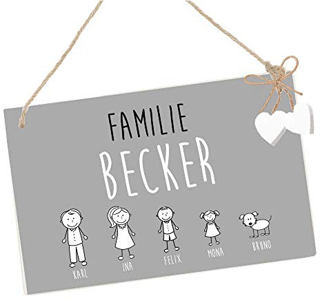 Türschild mit Name der Familie und Figuren - Haustürschild in Grau und Weiß, Familienschild aus Holz
