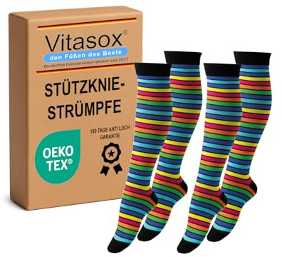 Vitasox Stützstrümpfe für Damen & Herren, 1 oder 2 Paar, geringelte bunte Stützkniestrümpfe aus Baumwolle mit Kompression für Flug, Reise, Büro und Auto, Thrombose Socken gegen geschwollene Beine