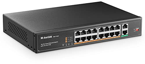 MokerLink 18 Port PoE Switch, 16 PoE+ 10/100Mbps, 2 Gigabit Uplink , 250W Hochleistung, Unterstützung von IEEE802.3af/at und Nicht verwaltetem Plug-and-Play für die Rackmontage