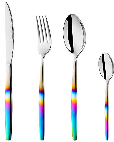BISDARUN Stainless Steel Flatware Rainbow Coloured Handle Iridescent Cutlery 1 Set, 4 Piece Silverware Service for 1, Tableware Dinner Sets for Party Outdooor Camping Travel Dishwasher Safe