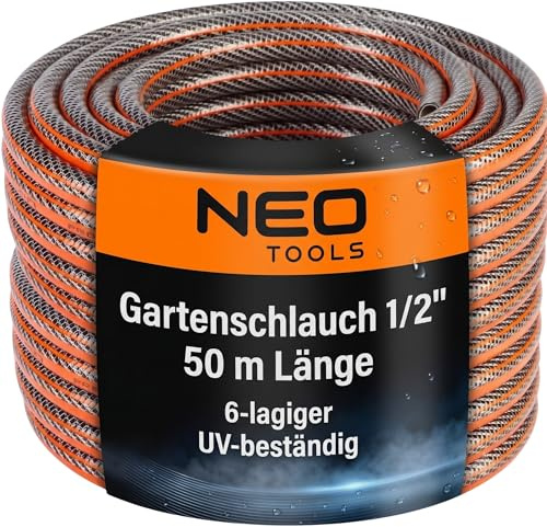 NEO TOOLS Pro Gartenschlauch 1/2 Zoll, 50 m Länge, 6-lagiger | UV-beständig, Flexibel Schlauch, Verdrehschutz - Wasserschlauch aus Erst-PVC mit Anti-Algen-Innenausstattung