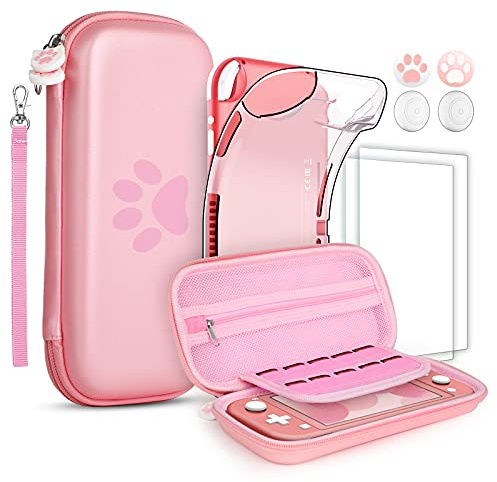 GeeRic Étuis Compatible pour Switch Lite 2019, Protection Housse + Coque Transparente + Protection écran Compatible pour Switch Lite + 4 Thumb Grip, Rose