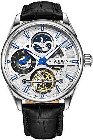 Stuhrling original skelettklänning analog klocka för män, automatisk mekanisk armbandsur, guldpläterad/rostfritt stål, äkta kalvskinnläderband, silver-A, mekanisk, skelettklocka