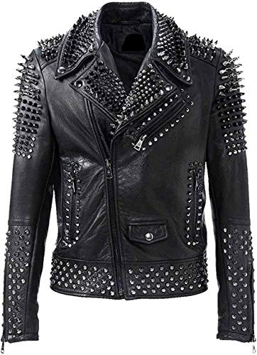 New Mens Rock Motorcycle Jacket Spiked Studs Punk Style Brando Black Biker Leather Jacket