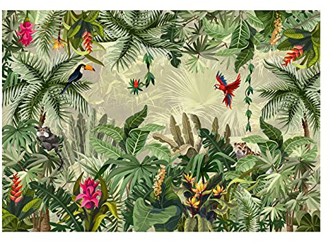 Carta Da Parati Fotografica Foglie Verde Foresta Uccelli Tropicali - Include Colla - Moderna Design Carta per Pareti Soggiorno Camera Da Letto Sala Fotomurali In Tessuto Non Tessuto TNT (312x219 cm)