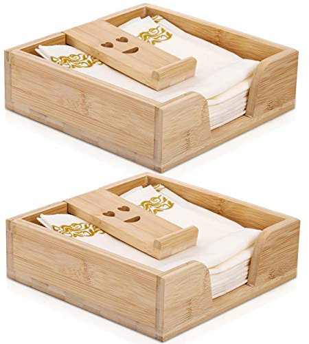 ZEAYEA 2 Pack Napkin Holder, Bamboo Napkin Holders for Table, Flat Napkin Holder for Kitchen, Counter Tops, Picnic, Restaurants, Cafe
