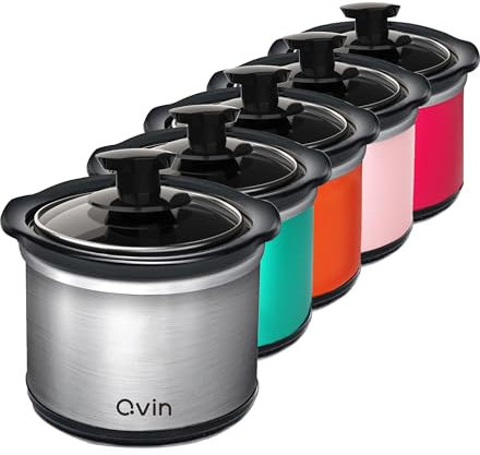 0.65-qt Mini Slow Cooker, Fondue Melting Pot Warmer with Diswasher-safe 20Oz Stoneware Crock, Feeds 1-2people, Great for Small Meals, Sauce, Stews & Dips, Glass Lid, Stainless Steel and black,Round