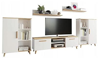 MATKAM Wohnzimmermöbel-Set Oslo 2, 4-teilig, 1 x TV-Kommode H47x B150 x T40 cm, 2 x Wohnzimmerkommode H112 x B80 x T30cm, 2 x Hängeregale H20 x B100 x T20 cm (Weiß-Artisan Eiche)