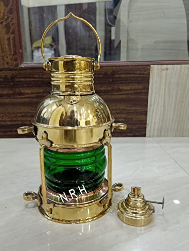 Solid Brass Oil Lamp~Antique Maritime Ship Lantern Nautical Boat Light Green Lence