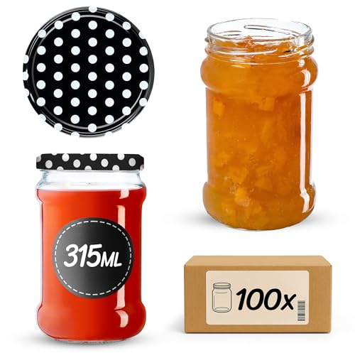 KADAX Små konserveringsburkar 315 ml, fi66, burkar för honung, syltburkar med lock, lufttäta glas, konserveringsglas, runda glas, syltburkar, honungsglas (100 stycken, svart prickig)