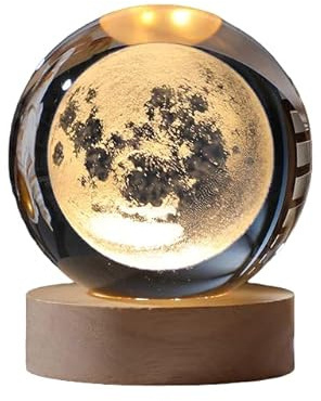Lámpara Luna en Bola de Cristal LED Con Base de Madera - 8 cm - Para Escritorio y Hogar - Grabada en Láser - Ideal Para Regalar