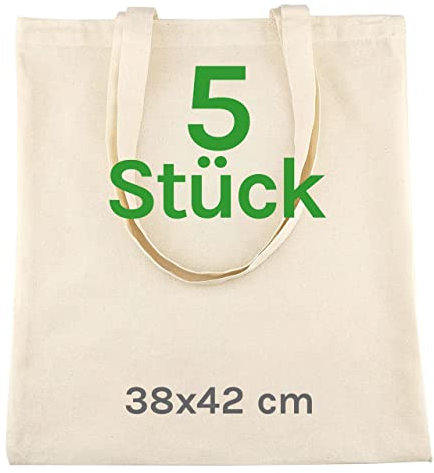 Stoffbeutel Unbedruckt - Stofftasche Zum Bemalen - Baumwolltasche 100% B35 x H42 - Tragetasche Canvas 140 g/m2 Jutebeutel - Einkaufstasche Lange Henkel 70cm - Einkaufsbeutel - 5 stück