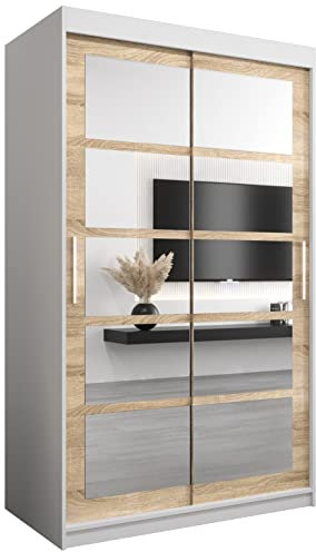 Kryspol Schwebetürenschrank Roma 2 120 cm mit Spiegel Kleiderschrank mit Kleiderstange und Einlegeboden Schlafzimmer- Wohnzimmerschrank Schiebetüren (Weiß + Sonoma)