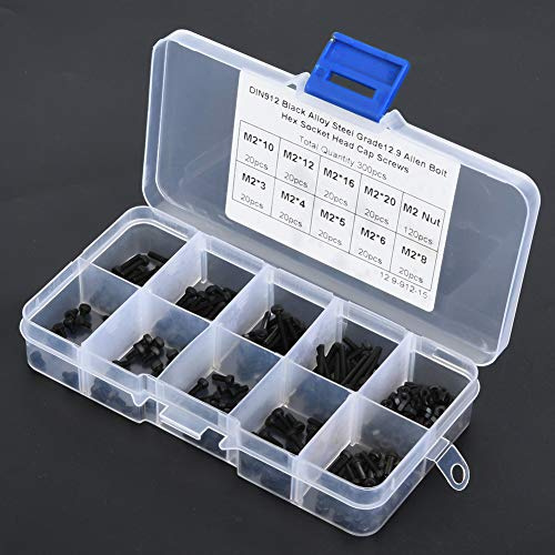 M2 Linsenkopfschrauben Set - 300 Stück Schwarz Legierter Stahl Sechskant-Schrauben X 12, 16, 20 Mm - 12,9 Grad - Vis BTR