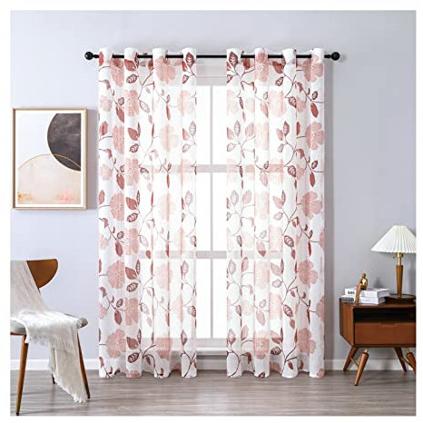 Homxi Vorhänge Halbtransparent 2er Set 2 x 107Wx183L cm,Küchengardine Transparent Rot Weiß Blüten und Blätter Vorhang Ösen