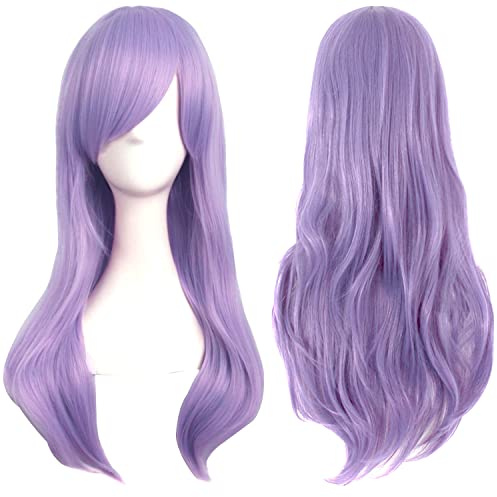 Colorfulpanda 70 cm lång vågig cosplay peruk lila för kvinnor, fullt hår med pony lång lockig syntetisk peruk för flickor, anime cosplay halloween kostym party peruk (ljuslila)