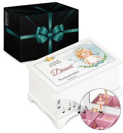 Maverton Boite a Bijoux Musicale personnalisée avec ballerine - 17x11x9 Coffret à trésors avec impression - Cadeau fille - Boite Rangement Bijoux - Cadeau Bapteme Fille - Ange