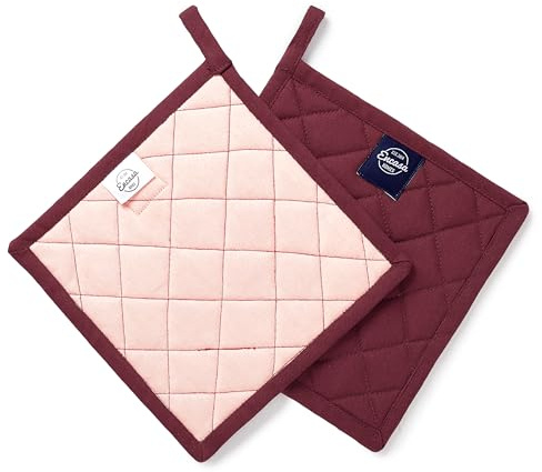Encasa XO Presine da Cucina, Resistenti al Calore 8 | Bordeaux, Anello Appendere | Cotone Imbottito Trapuntato | Barbecue Microonde | Sottopentola | Set di 2