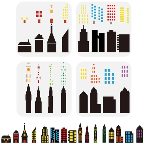 FINGERINSPIRE 4 Teiliges Geschichtetes Malschablonen Set Für Die Skyline Der Stadt 15 cm PET Stadtgebäude Silhouette Zeichenvorlage Architektur Und Lokale Themen Sprühschablone Haus DIY Vorlage
