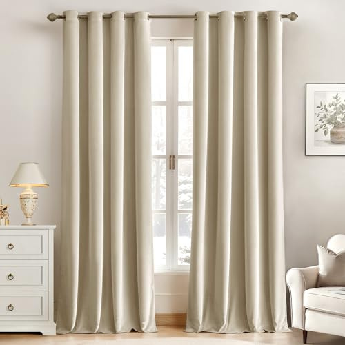 MIULEE Cortinas Terciopelo Beige Claro Salon Modernas 2 Piezas Elegante Cortinas de Terciopelo Suave Semiopacas con Ojales, Cortina Termicas Aislantes Frio Anti Luz Invierno Ventana Cortina Dormitorio