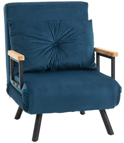 HOMCOM Schlafsessel 4 in 1 Sessel mit Schlaffunktion, 183 x 63 cm Klappbar Schlafsessel mit 5-stufig Verstellbarer Rückenlehne, Lendenkissen und Samtoptik für Wohnzimmer, Blau