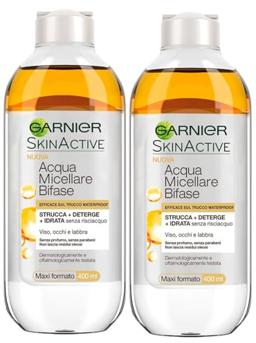 Garnier SkinActive zweiphasiges Mizellenwasser ohne Ausspülen entfernt Make-up Waterproof Make-up-Entferner feuchtigkeitsspendend für Gesicht Augen Lippen Formel ohne Duft – 2 Flaschen 400 ml