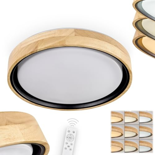 HOFSTEIN LED Deckenleuchte Melstad, dimmbare Deckenleuchte aus Holz/Metall/Kunststoff in Natur/Weiß mit Fernbedienung, 2700-6500 Kelvin, 1900 Lumen, 18 Watt, Ø 30 cm, auch für Badezimmer, IP44