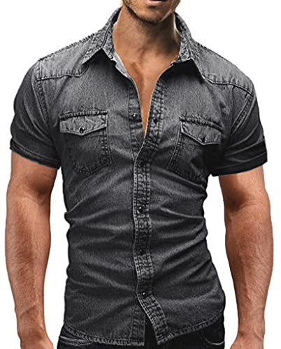 Camisas de mezclilla para hombre, camisa vaquera de manga corta, con solapa, ajustada, para verano, sin arrugas, con bolsillos en el pecho, blusas casuales con botones, camisas vaqueras occidentales