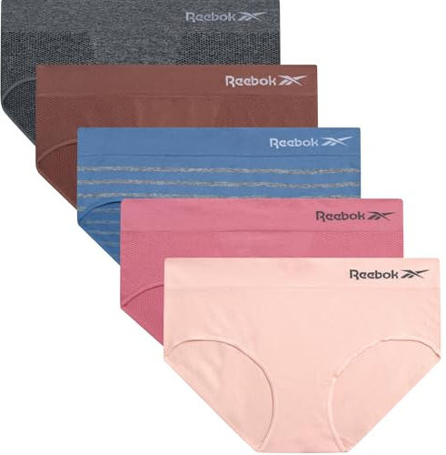 Reebok Hipster Panties for Women - 5 Pack Stretch Performance Seamless Underwear with Relaxed Tag-Free Waistband (S-XL), Size Small, Blue Stripe Melange/Lotus/Charcoal Heather/Lilas/Deep Taupe