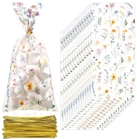 Sweetude Zellophanbeutel für Leckereien, Wildblumen, Partygeschenke, Geschenktüten aus Kunststoff, transparent, mit Bindebändern für Babyparty, Brautparty, Hochzeit, Party, 27,9 x 12,7 cm (Blumen