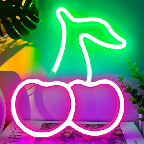 YIVIYAR Pink Neon Wall Light - LED Signs with Cherry Design, USB/AA Battery Powered for Bedroom & Home Decor