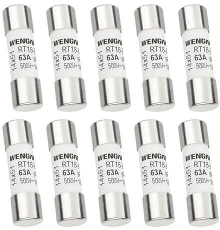 Wengart 10 Uds Fusibles Cerámicos Cilíndricos 14x51 mm (63A), AC 500V 100kA, Tipo RT18-63 (RO16), Alta Protección para Fotovoltaica, Industria y Cuadros Eléctricos de Alta Potencia