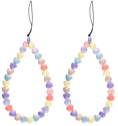Thyonta 2 Pcs Iridescent Matte Heart Shape Cute Mobile Phone Lanyard Acrylic Beaded Phone Strap Smooth and Comfortable Anti-Drop Wrist Strap for Phones Keychains