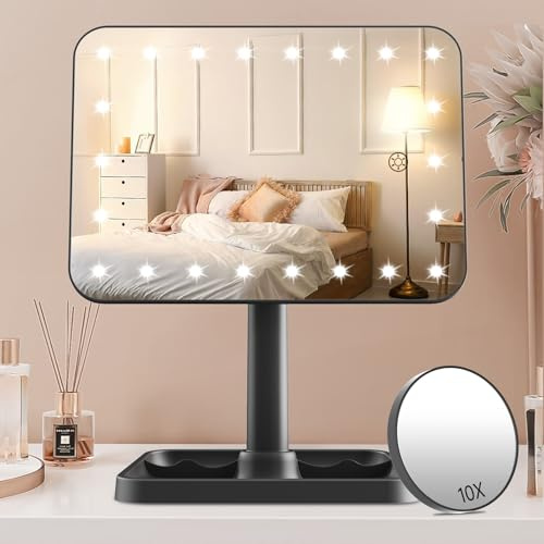 FASCINATE Rechargeable Makeup Vanity Mirror with Lights, 8.85×6.49, Sable | Dimmable, Touch Sensor, Small 10X Magnification mirror, 360° Rotation Cosmetic Mirror for Dressing Table Bathroom