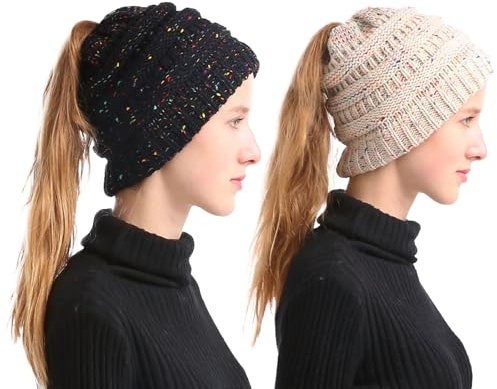 JSTHHTT 2 Pièces Bonnet d'hiver pour Femme Chaude Épais Slouchy Snow Knit Chunky Baggy Skull Ski Cap, Bonnet Tricoté en Respirant et Léger Femme, Dames Bonnet Queue de Cheval Hiver Beanie Chapeau