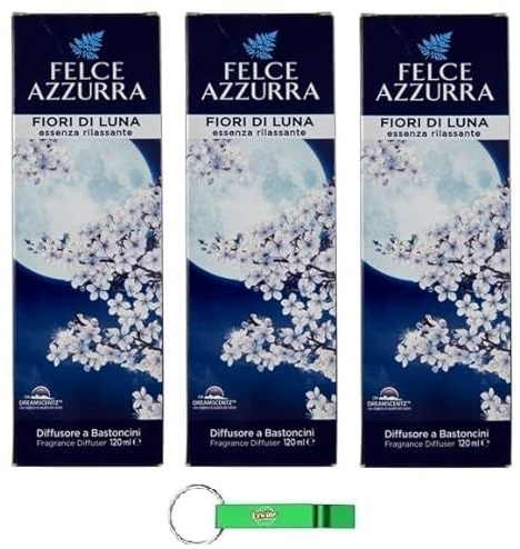 Felce Azzurra - 3 deodorante per ambienti con bastoncini Fiori di Luna - Diffusore a Bastoncini - Profumo di fiori di luna 120 ml + portachiavi Beni Culinari