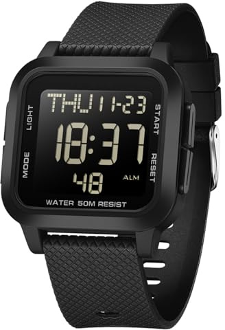 BIEWO Square Men's Digital Watch Sports Military Watches for Men Multifunction Waterproof Wrist Watch Big Numbers Dial Large Face Outdoor Silicone Watch for Boy Student (All Black)
