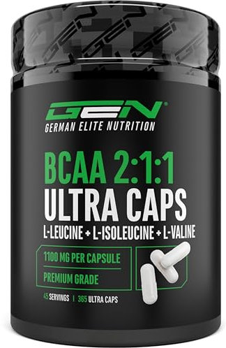 BCAA Ultra Caps - 365 Kapseln mit hochdosierten 1100 mg pro Kapsel - Optimales 2:1:1 Verhältnis - Leucin, L-Isoleucin, L-Valin - Verzweigtkettige essentielle Aminosäuren