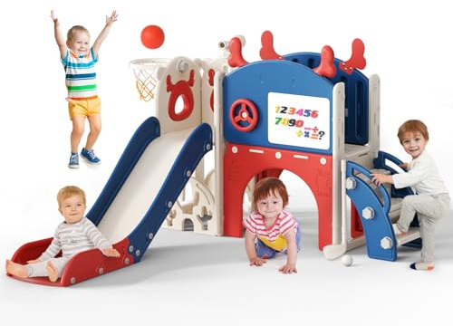 Kinderrutsche, Weihnachtselchthema Kleinkinderrutsche freistehend mit Basketballkorb, Kleinkinderklettergerüst, Babyrutsche Spielplatzgeräte, Kinderrutschen für Draußen (Rot und Blau – 6 in 1)