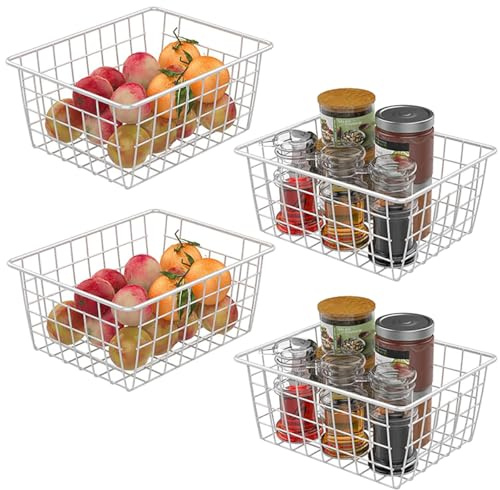 WYIPOLZI 4-Pack White Wire Storage Baskets, Metal Mesh Organizer Bin with Handles for Kitchen Pantry, Closet, Bathroom & Office, Versatile Home Storage Cube