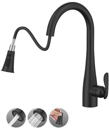 Mbillion Kitchen Faucet with Pull Down 3 Mode Sprayer, Matte Black Stainless Steel Single Handle Faucet with Deck Plate 1 or 3 Hole for Farmhouse Commercial Camper Laundry Rv Bar (Matte Black)
