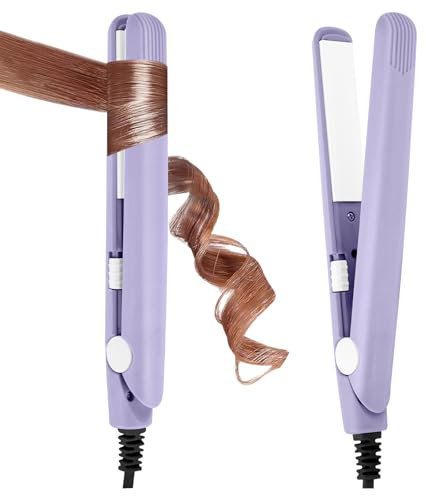 LOPHE Mini Ceramic Plate Hair Straightener, 10s Fast Heating Flat Irons Curling Iron Hair Portable Travel Curling Wand Upgraded Dual-use Hair Curler for Short and All-Hair Types (Purple)