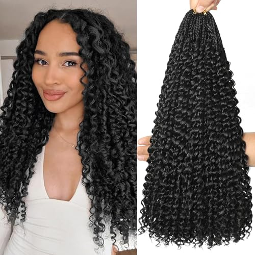 Goddess Box Braids Crochet Hair 8 Packs with Curly Ends Pre Looped Boho Water Wave Crochet Hair Deep Wavy Ends Gogo Curl Crochet Hair with Jerry Curly Extensions for Black Women (1B#, 18inch)