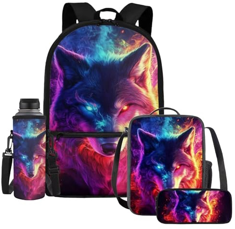 UOIMAG Lot de 4 sacs à dos et boîte à déjeuner avec porte-bouteille d'eau et trousse à crayons, Feu de loup, Taille unique, Ensemble cartable