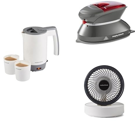 Morphy Richards Travel Kettle, Travel Iron, Air Flex USB Fan Bundle, Compact 0.5L Travel Kettle & Compact Travel Iron, Dual Voltage, 6inch Portable USB Fan in White 107001/304000/820003