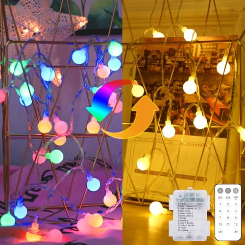 Kolpop Color Changing Globe Fairy Lights Battery Operated with Remote, 10.3M 80LED 12 Modes String Lights Waterproof for Indoor Outdoor Christmas Bedroom Garden(Warm White & Multicolor)