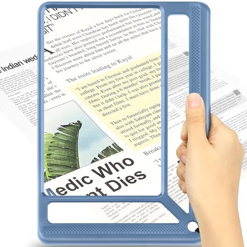 6X Full Page Magnifying Glass for Reading, Lightweight Rectangular Magnifier with Large Book Page Viewing Area, Handheld Magnifier for Reading Small Prints for Seniors Low Vision, Blue