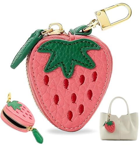 WhaleO Taschenanhänger Damen, Mini Geldbörse Damen, Wasserdichter Leder, Anhänger Tasche, Coin Purse Süßer Schlüsselanhänger Erdbeere, Anhänger Handtasche - Kompakt & Formstabil