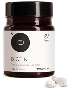 Medicom - Biotin 5 mg, 120 Tabletten, Vegan, für Haut, Haare & Nägel | Energiestoffwechsel,Hochdosiert,Schönheit,Keratinaufbau,beautyvitamine, Glutenfrei, Laktosefrei