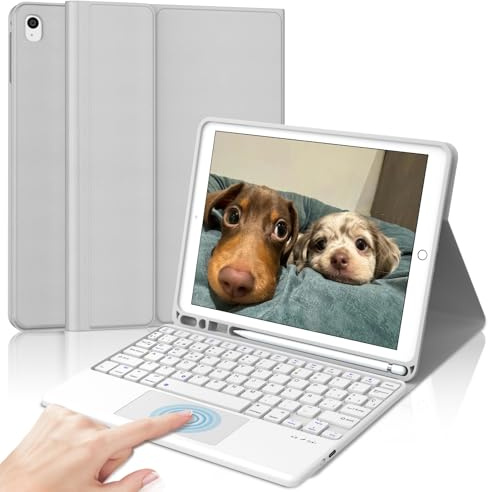 Funda Teclado for iPad 9/8/7 generacion 10.2/Air 3/Pro 10.5 Pulgadas | Capa Keyboard Touchpad QWERTY Español Ñ, Bluetooth Magnético Desmontable Recargable Teclado con Portalápices, Gris claro
